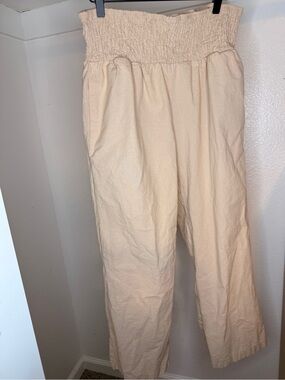 Smocked Waist Wide-Leg Linen Blend Pants - Cream XXL